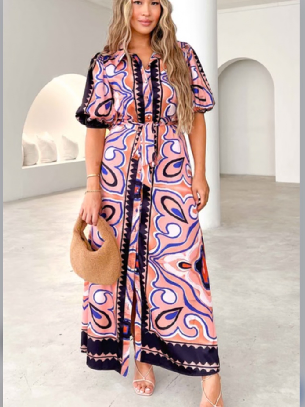 Pink Diamond Collared Button Up Short Balloon Sleeve Maxi Dress in Peach Black
